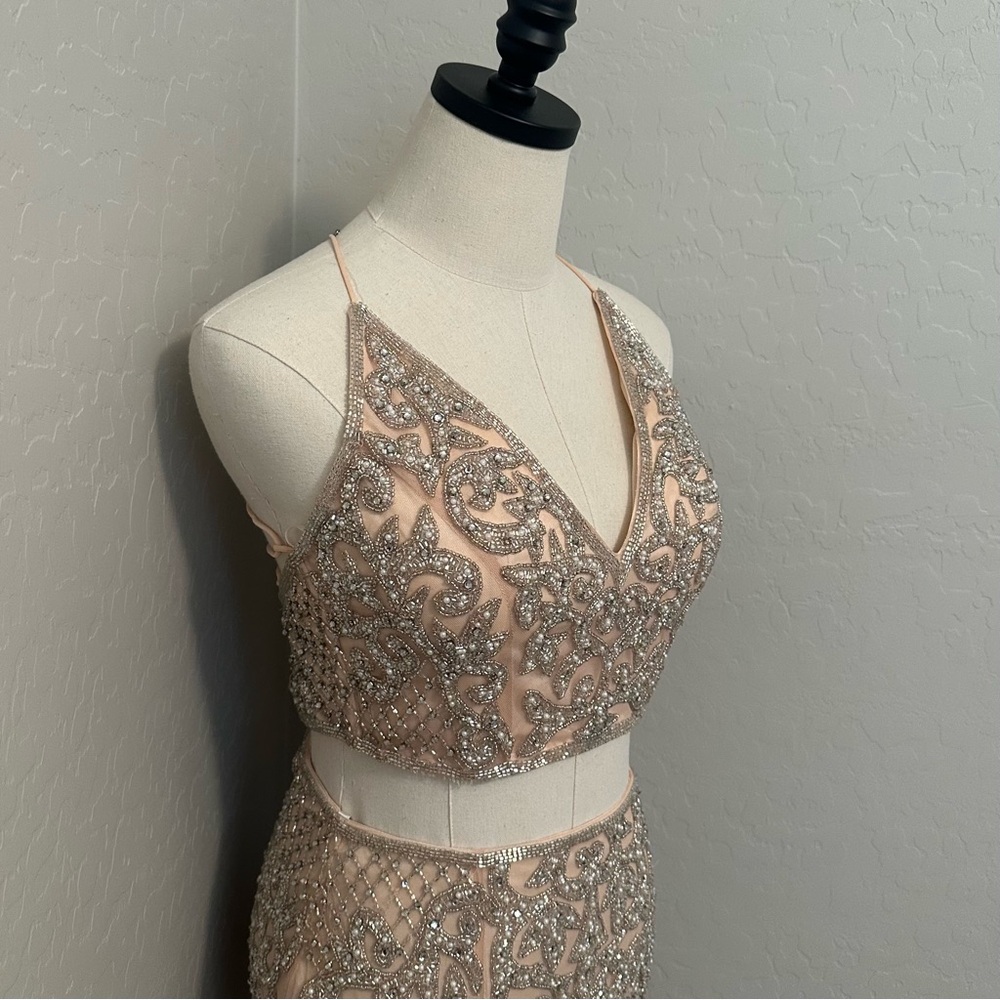 NEW PRIMAVERA BLUSH SZ 4 BEADED TWO PIECE TIE BACK FORMAL COCKTAIL DRESS - Picture 4 of 16